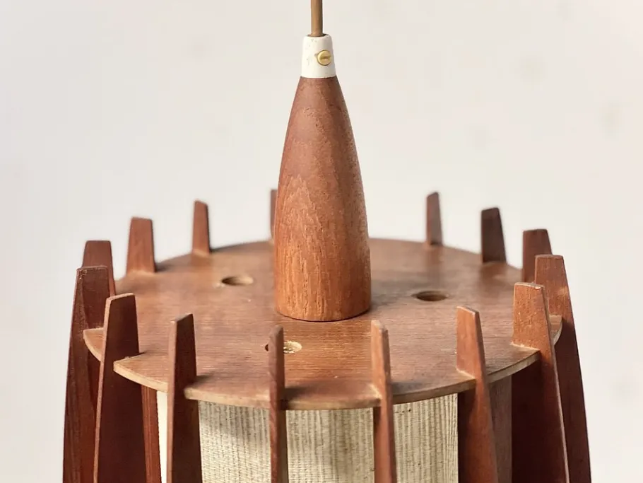 Discount Pamono Mid-Century Pendant Lamp in Teak and Brass with Sculptural Lamella Shade, Denmark, 1950s-1960s