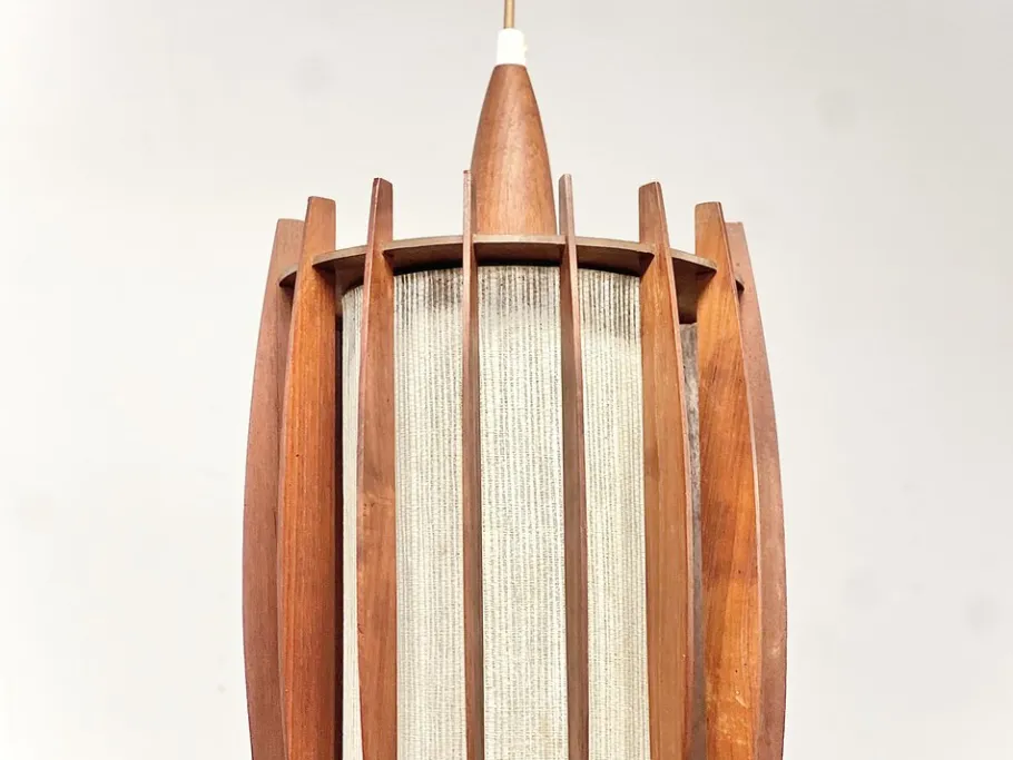 Discount Pamono Mid-Century Pendant Lamp in Teak and Brass with Sculptural Lamella Shade, Denmark, 1950s-1960s