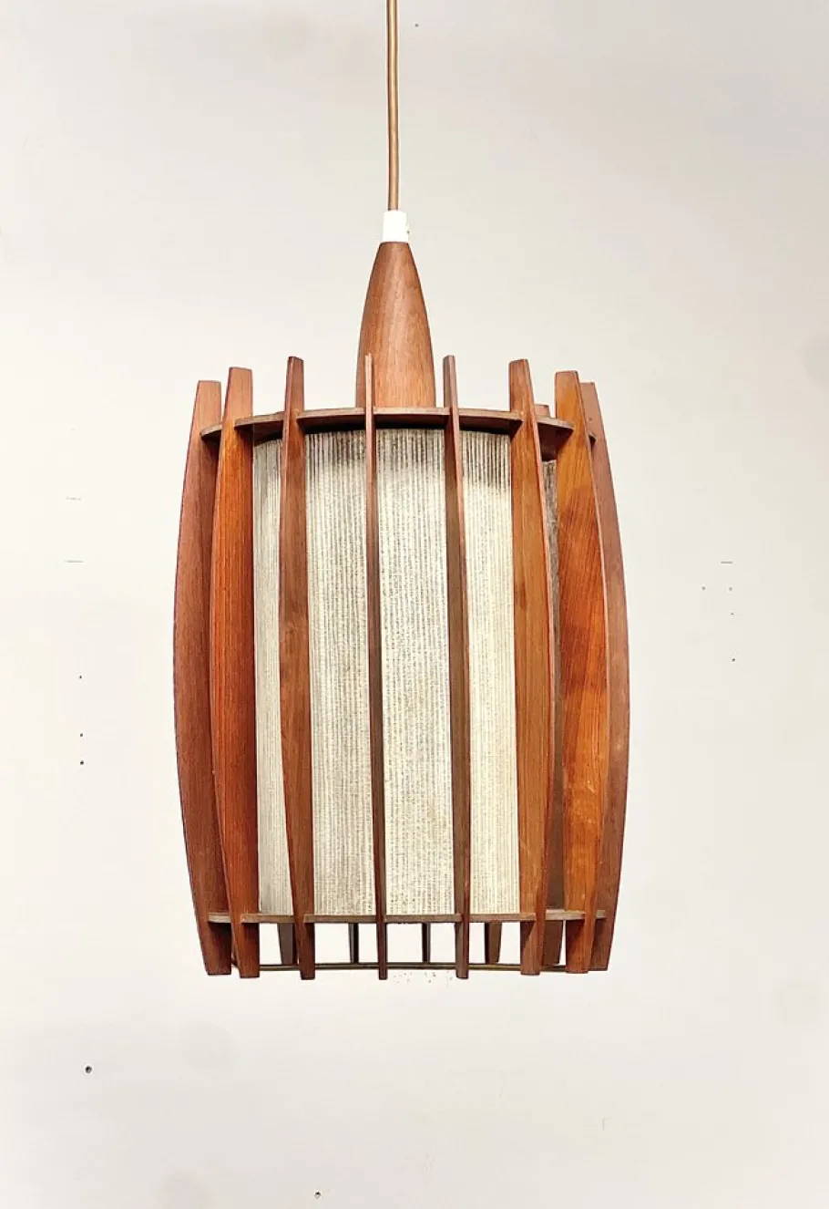 Discount Pamono Mid-Century Pendant Lamp in Teak and Brass with Sculptural Lamella Shade, Denmark, 1950s-1960s