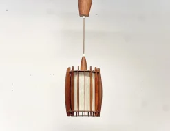 Discount Pamono Mid-Century Pendant Lamp in Teak and Brass with Sculptural Lamella Shade, Denmark, 1950s-1960s