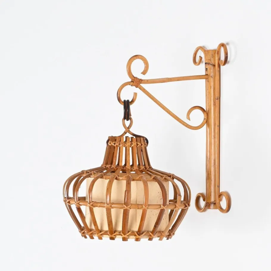 Best Pamono Mid-Century Rattan and Wicker Lantern Sconce by Louis Sognot, France, 1960s