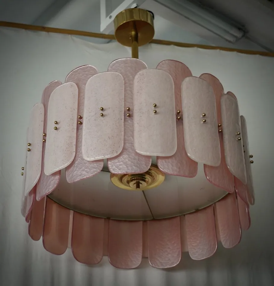 New Pamono Mid-Century Round Pink Murano Glass and Brass Chandelier