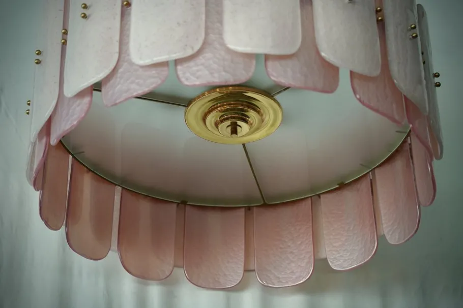 New Pamono Mid-Century Round Pink Murano Glass and Brass Chandelier