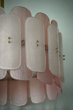 New Pamono Mid-Century Round Pink Murano Glass and Brass Chandelier