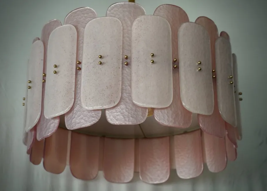 New Pamono Mid-Century Round Pink Murano Glass and Brass Chandelier