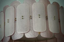 New Pamono Mid-Century Round Pink Murano Glass and Brass Chandelier