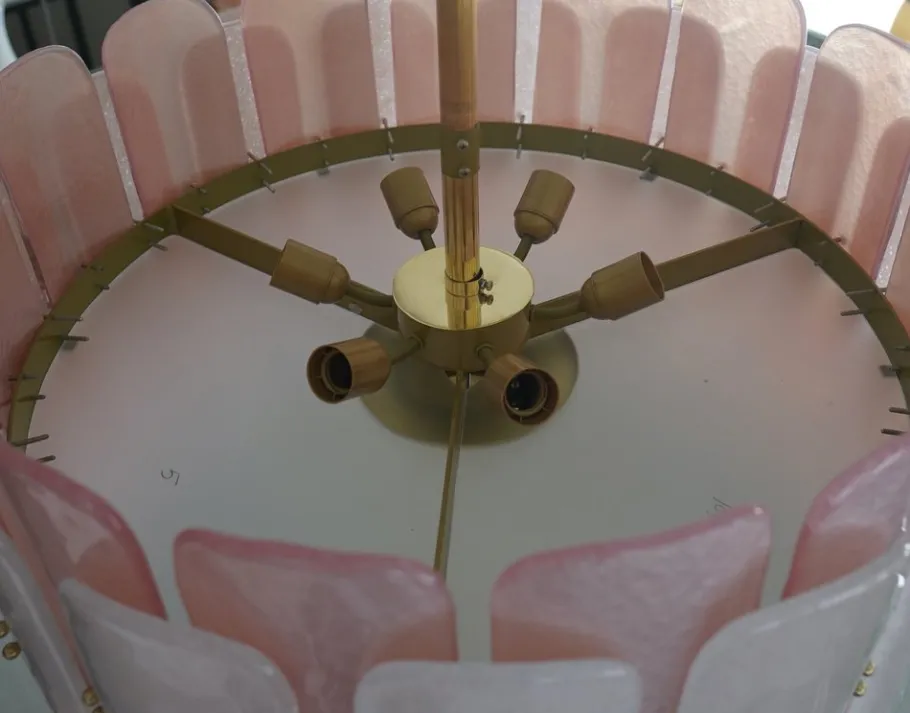 New Pamono Mid-Century Round Pink Murano Glass and Brass Chandelier