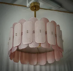 New Pamono Mid-Century Round Pink Murano Glass and Brass Chandelier