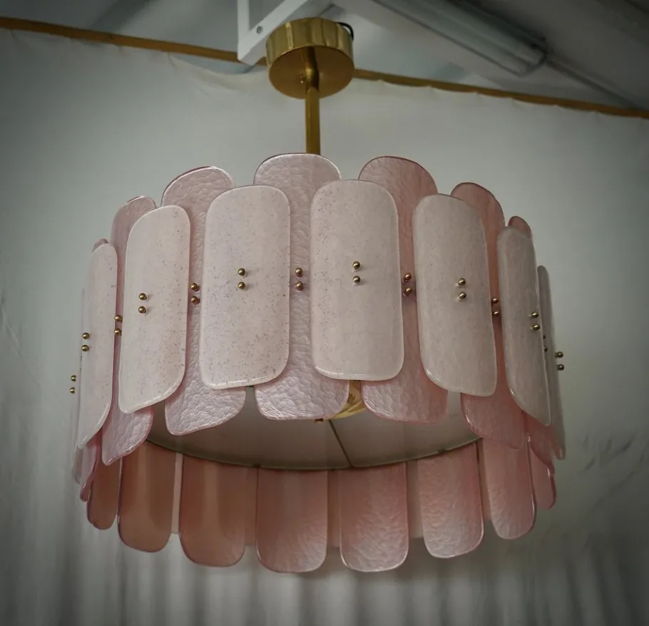 New Pamono Mid-Century Round Pink Murano Glass and Brass Chandelier