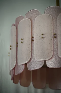 New Pamono Mid-Century Round Pink Murano Glass and Brass Chandelier