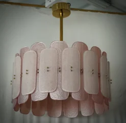 New Pamono Mid-Century Round Pink Murano Glass and Brass Chandelier