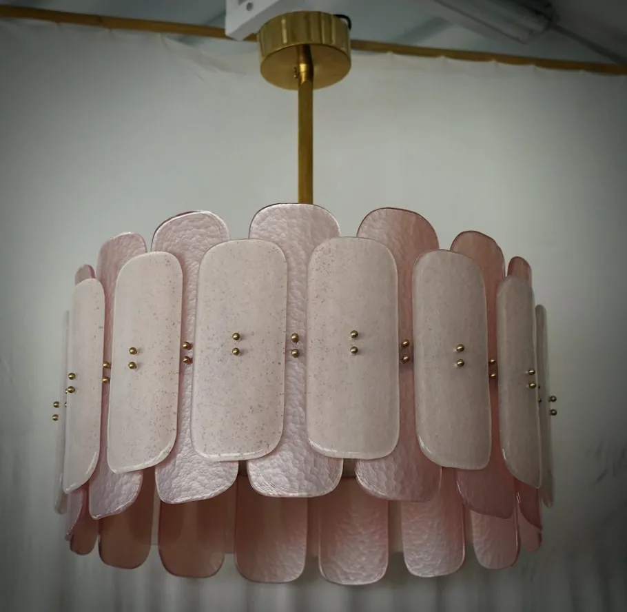 New Pamono Mid-Century Round Pink Murano Glass and Brass Chandelier