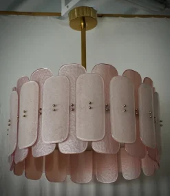 New Pamono Mid-Century Round Pink Murano Glass and Brass Chandelier