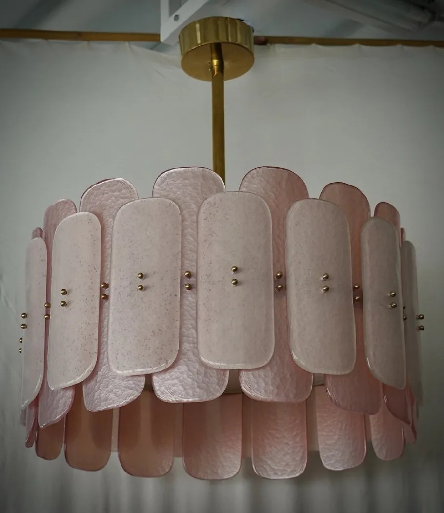 New Pamono Mid-Century Round Pink Murano Glass and Brass Chandelier