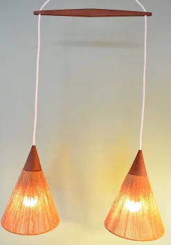 Sale Pamono Mid-Century Sisal and Teak Hanging Lamp from Temde Leuchten, 1960s