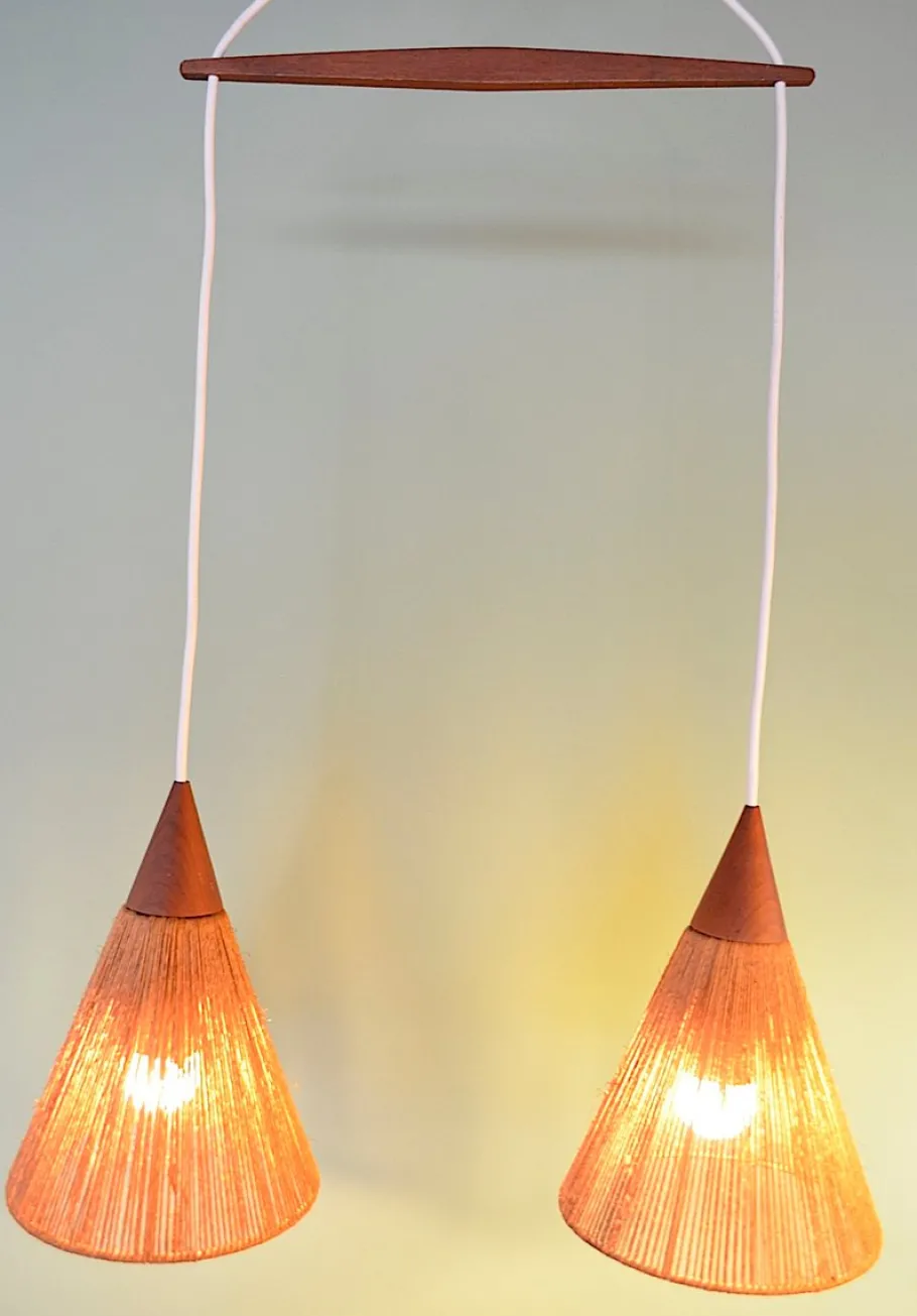 Sale Pamono Mid-Century Sisal and Teak Hanging Lamp from Temde Leuchten, 1960s