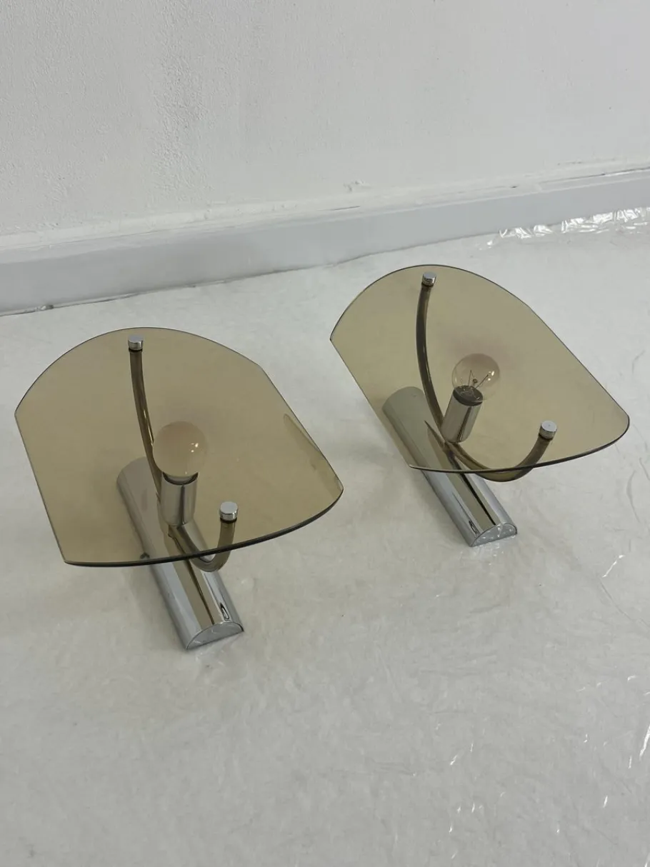 New Pamono Mid-Century Smoked Glass Wall Lamps, 1960s, Set of 2