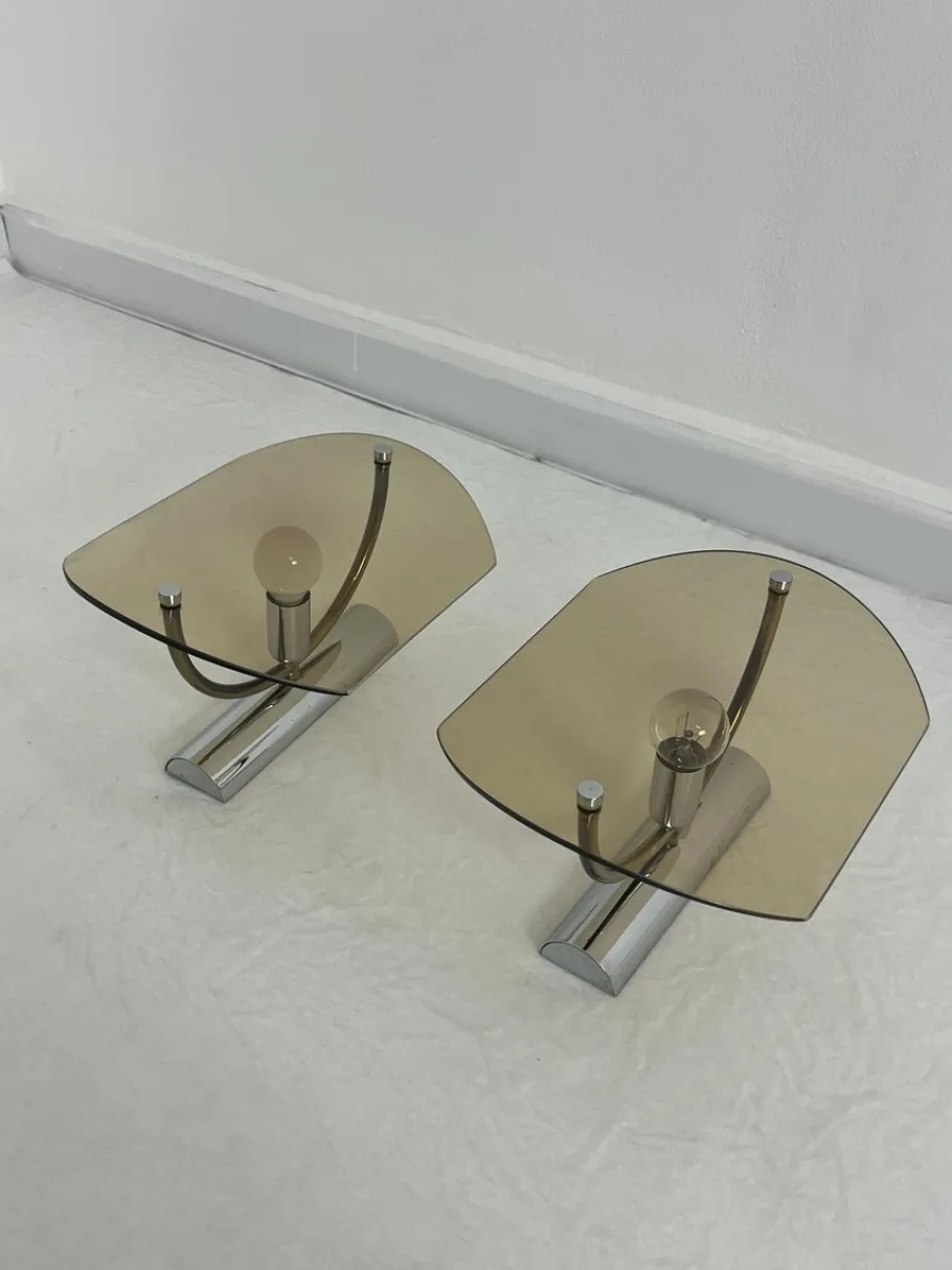 New Pamono Mid-Century Smoked Glass Wall Lamps, 1960s, Set of 2