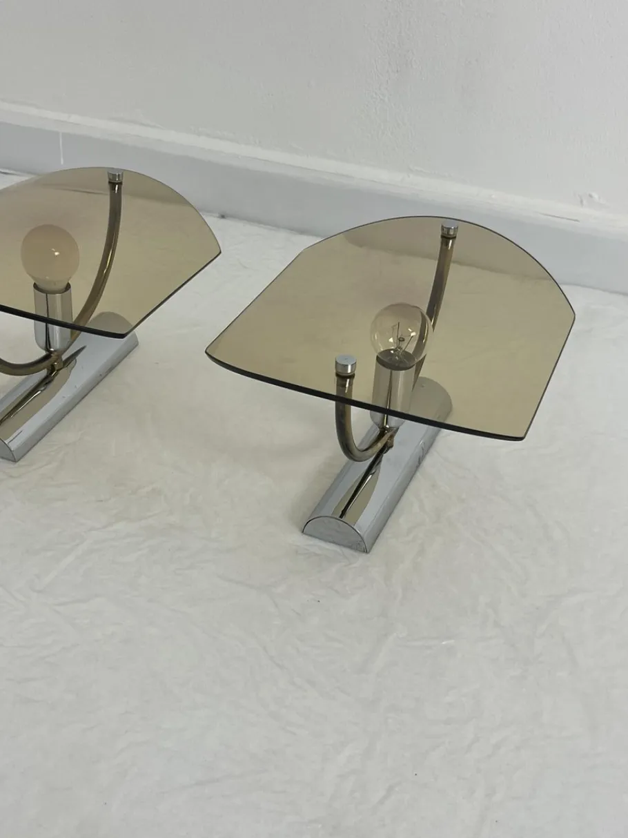 New Pamono Mid-Century Smoked Glass Wall Lamps, 1960s, Set of 2