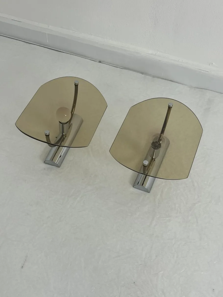 New Pamono Mid-Century Smoked Glass Wall Lamps, 1960s, Set of 2