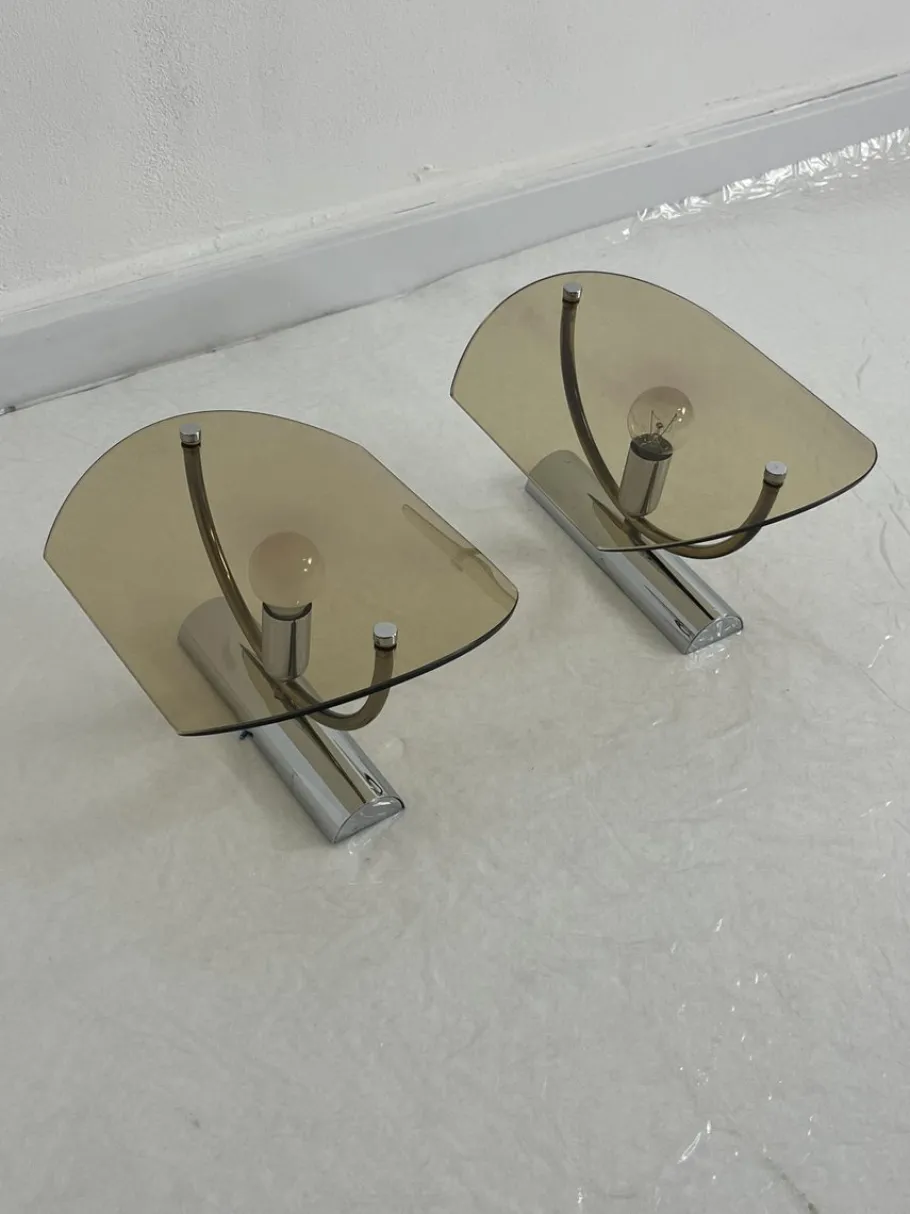 New Pamono Mid-Century Smoked Glass Wall Lamps, 1960s, Set of 2
