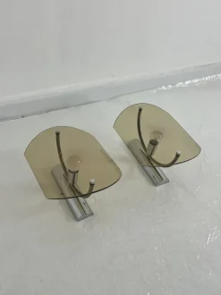 New Pamono Mid-Century Smoked Glass Wall Lamps, 1960s, Set of 2