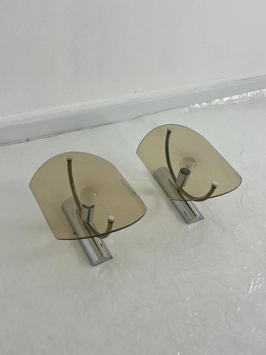 New Pamono Mid-Century Smoked Glass Wall Lamps, 1960s, Set of 2