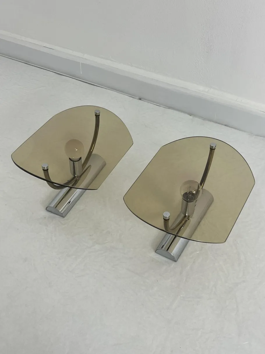 New Pamono Mid-Century Smoked Glass Wall Lamps, 1960s, Set of 2