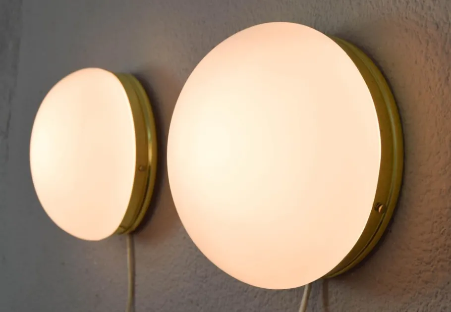 New Pamono Mid-Century Spanish Modern Brass and Opaline Glass Sconces from Metalarte, 1970s, Set of 2