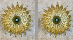 New Pamono Mid-Century Spanish Sunburst Ceiling Light Fixtures or Wall Sconces in Gilded Wrought Iron, 1960s, Set of 2