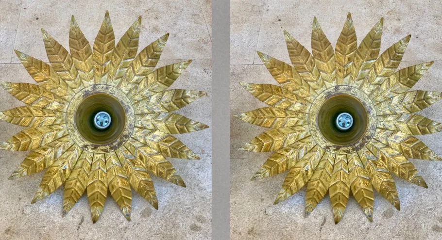 New Pamono Mid-Century Spanish Sunburst Ceiling Light Fixtures or Wall Sconces in Gilded Wrought Iron, 1960s, Set of 2