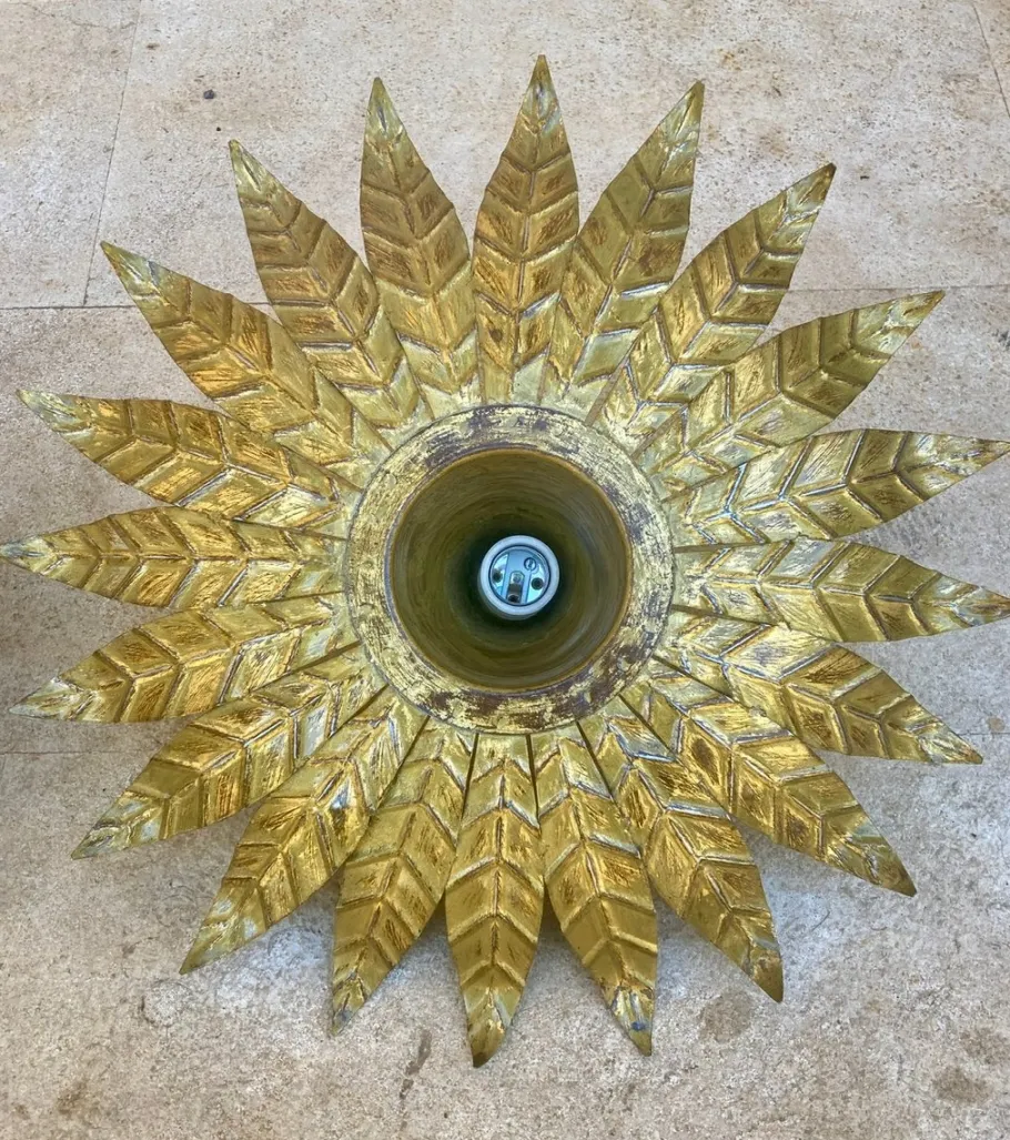 New Pamono Mid-Century Spanish Sunburst Ceiling Light Fixtures or Wall Sconces in Gilded Wrought Iron, 1960s, Set of 2