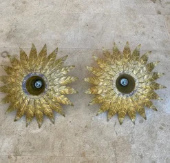 New Pamono Mid-Century Spanish Sunburst Ceiling Light Fixtures or Wall Sconces in Gilded Wrought Iron, 1960s, Set of 2