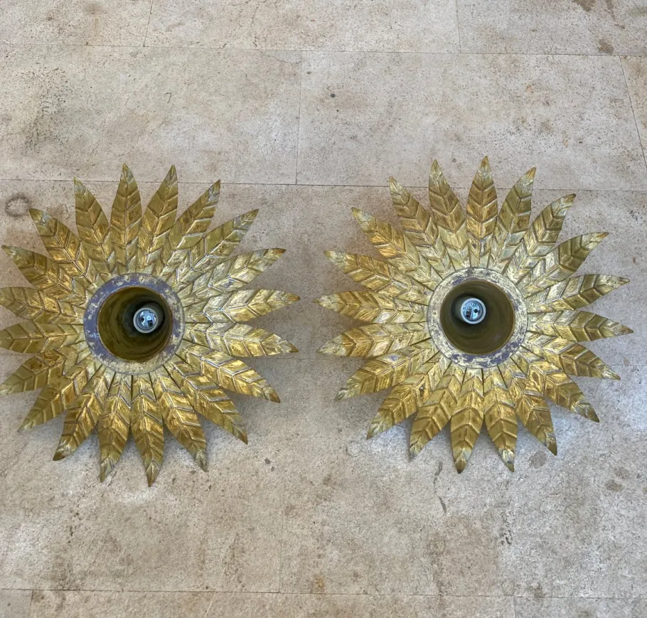 New Pamono Mid-Century Spanish Sunburst Ceiling Light Fixtures or Wall Sconces in Gilded Wrought Iron, 1960s, Set of 2