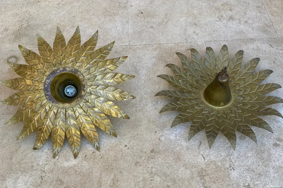 New Pamono Mid-Century Spanish Sunburst Ceiling Light Fixtures or Wall Sconces in Gilded Wrought Iron, 1960s, Set of 2