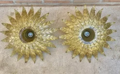 New Pamono Mid-Century Spanish Sunburst Ceiling Light Fixtures or Wall Sconces in Gilded Wrought Iron, 1960s, Set of 2