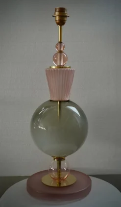 New Pamono Mid-Century Style Round Pink and Green Murano Glass and Brass Table Lamp, 2000