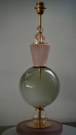 New Pamono Mid-Century Style Round Pink and Green Murano Glass and Brass Table Lamp, 2000