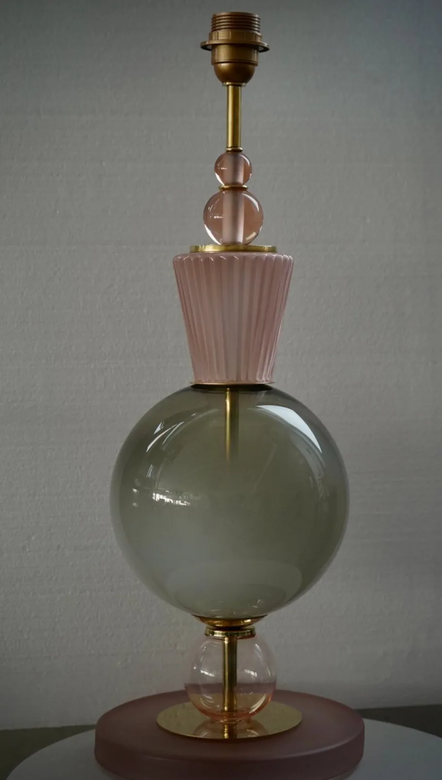 New Pamono Mid-Century Style Round Pink and Green Murano Glass and Brass Table Lamp, 2000