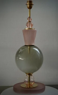 New Pamono Mid-Century Style Round Pink and Green Murano Glass and Brass Table Lamp, 2000