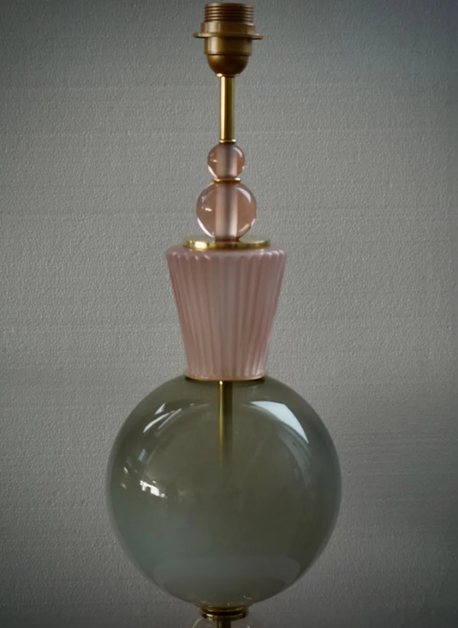 New Pamono Mid-Century Style Round Pink and Green Murano Glass and Brass Table Lamp, 2000