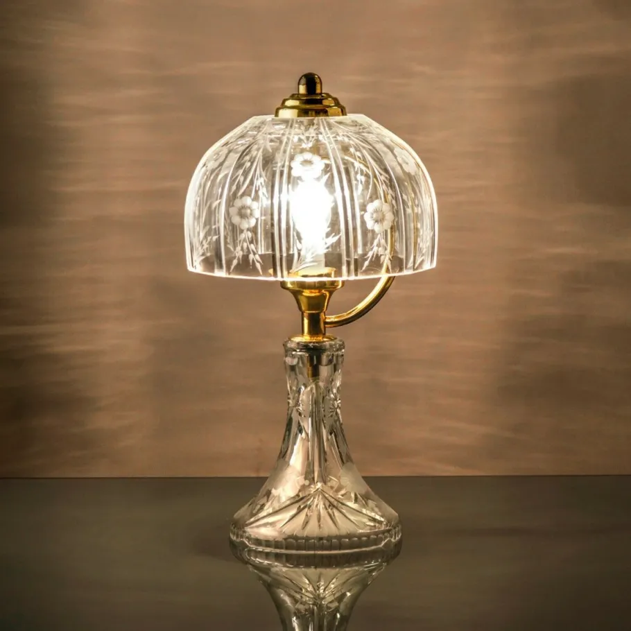 Discount Pamono Mid-Century Table Lamp in Engraved Crystal Glass & Brass, 1960s