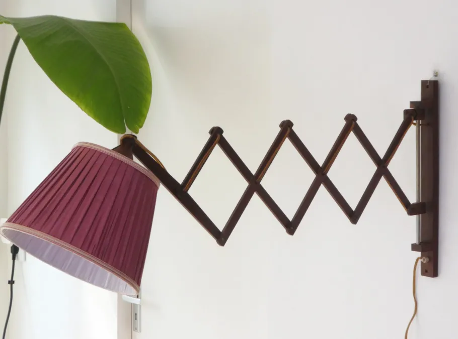 Best Pamono Mid-Century Teak Accordion Lamp with Red Pleaded Shade, 1960s