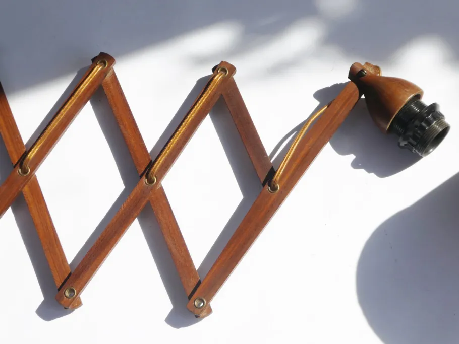 Best Pamono Mid-Century Teak Accordion Lamp with Red Pleaded Shade, 1960s