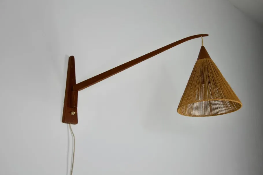 Best Pamono Mid-Century Teak and Rattan Swing Arm Wall Lamp attributed to Temde, 1960s
