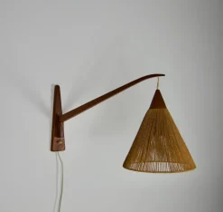 Best Pamono Mid-Century Teak and Rattan Swing Arm Wall Lamp attributed to Temde, 1960s