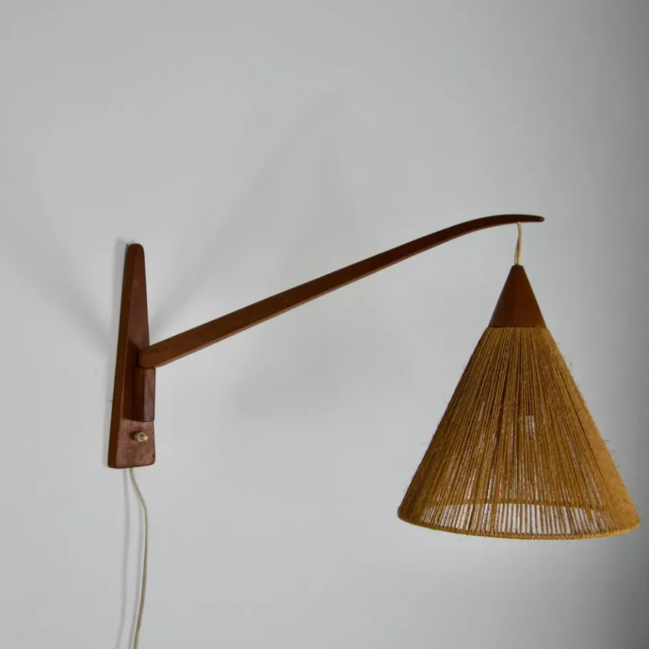 Best Pamono Mid-Century Teak and Rattan Swing Arm Wall Lamp attributed to Temde, 1960s