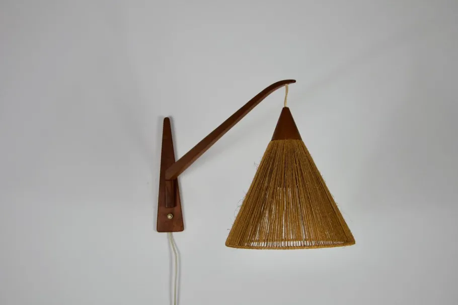 Best Pamono Mid-Century Teak and Rattan Swing Arm Wall Lamp attributed to Temde, 1960s
