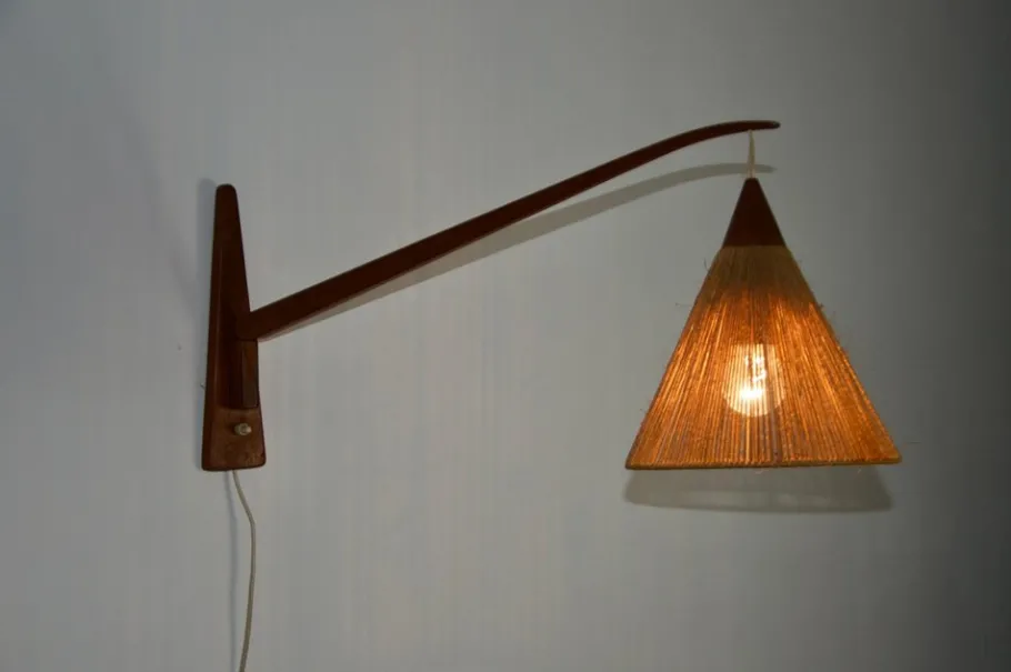 Best Pamono Mid-Century Teak and Rattan Swing Arm Wall Lamp attributed to Temde, 1960s