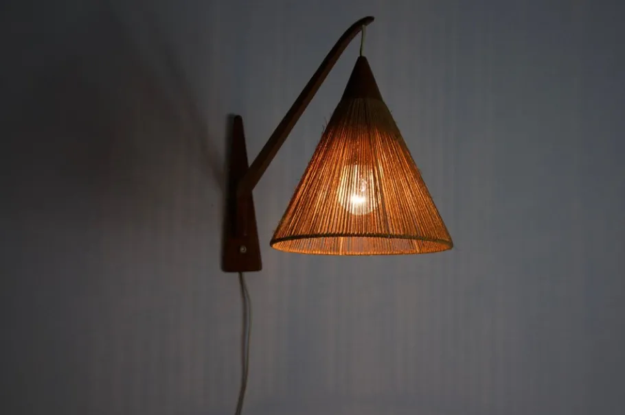 Best Pamono Mid-Century Teak and Rattan Swing Arm Wall Lamp attributed to Temde, 1960s
